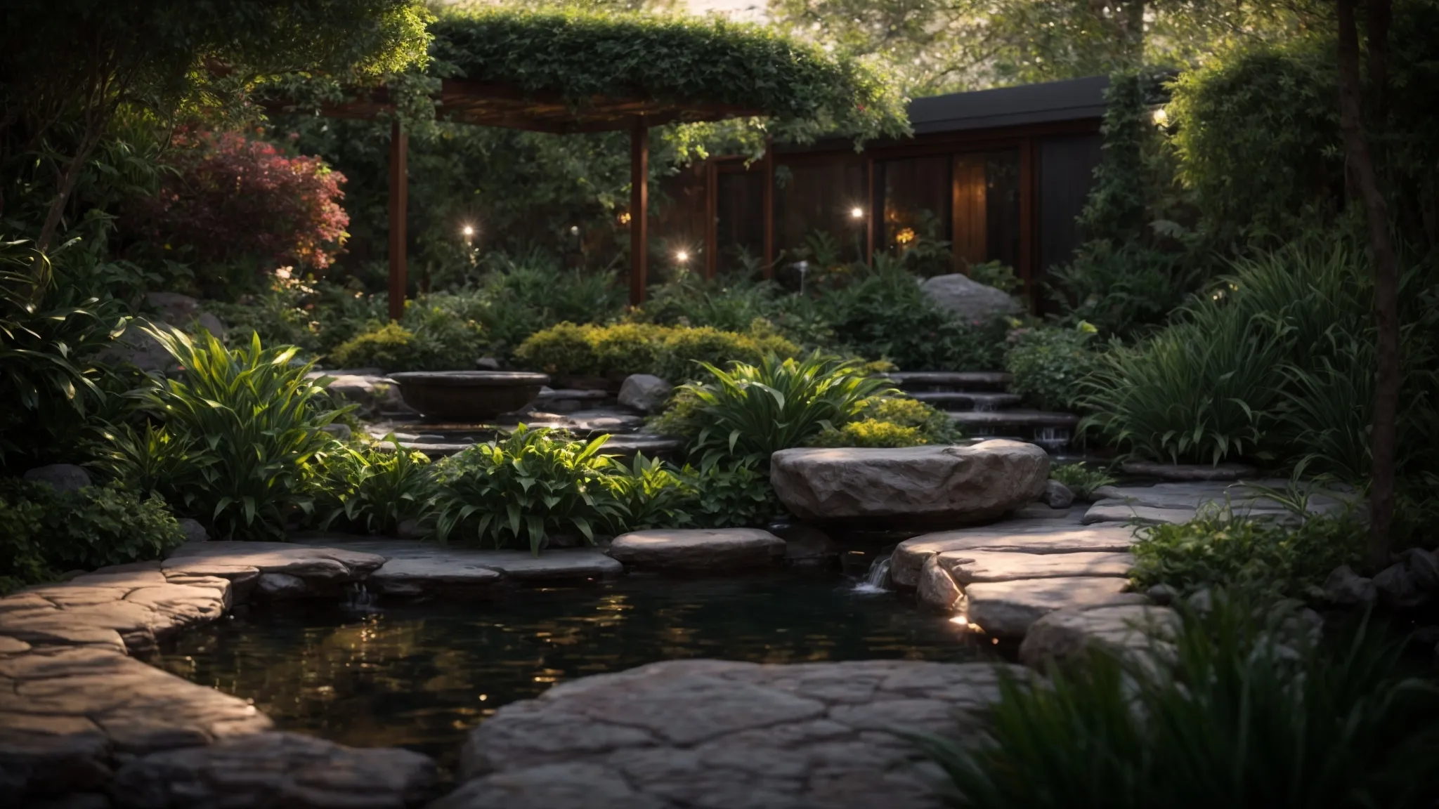 a tranquil garden oasis with a custom rock water feature illuminated by soft lights and surrounded by lush botanical elements.