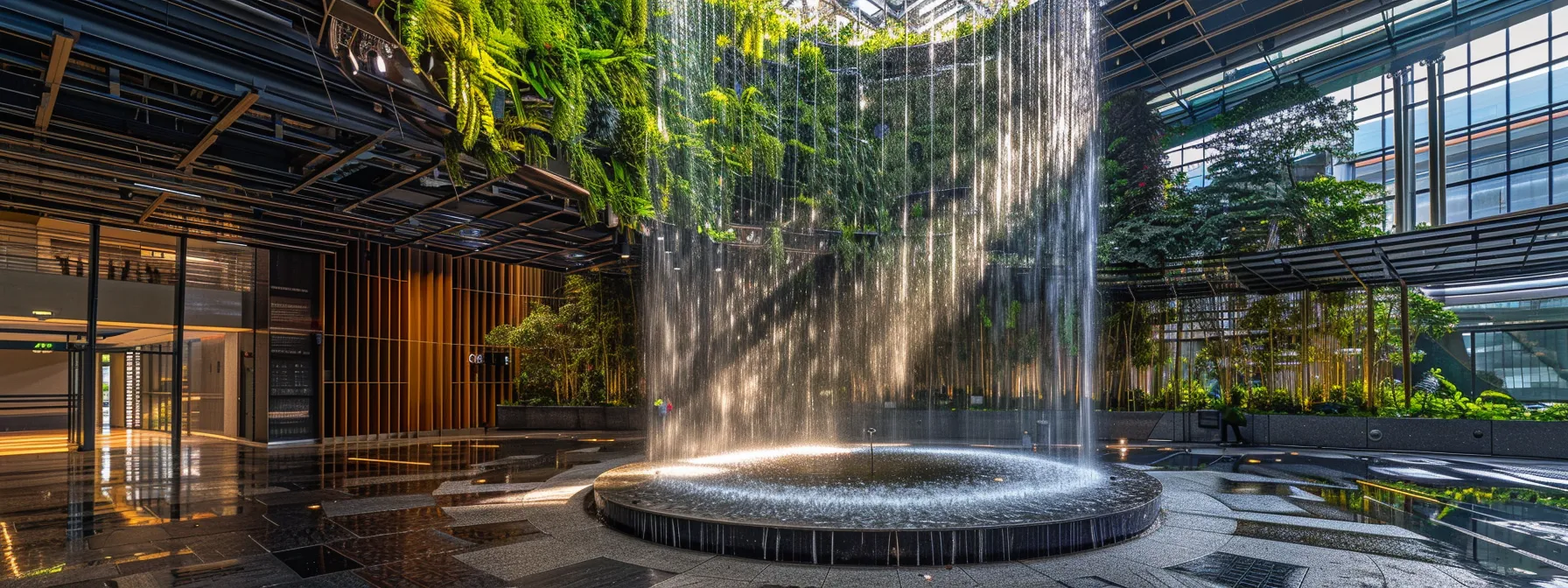 a modern eco-friendly building showcasing a stunning water curtain wall, reflecting light and creating a peaceful indoor atmosphere.