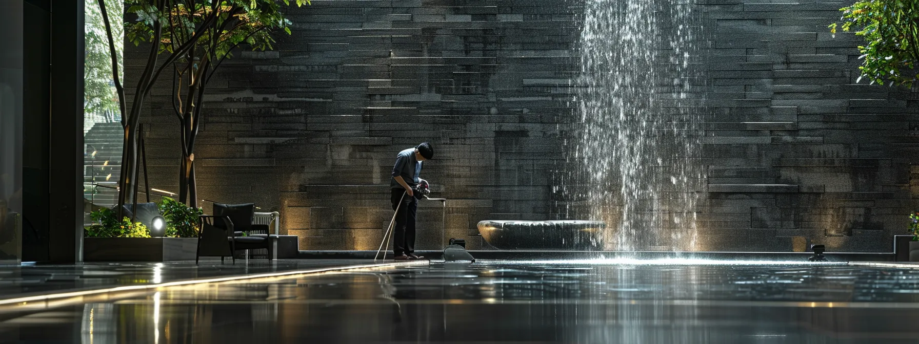 a sleek, professional installing an indoor wall fountain with precision and care.