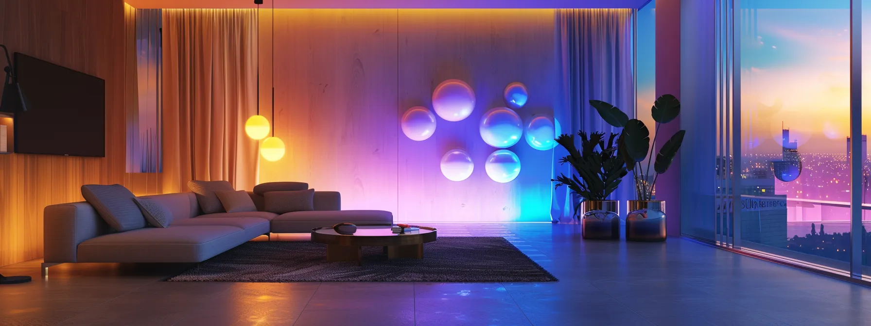 a sleek, freestanding bubble panel wall glows with colorful lights, illuminating a modern living space.