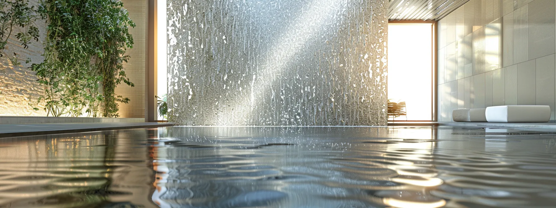 a sleek glass water wall reflecting light in a modern, minimalist indoor space.