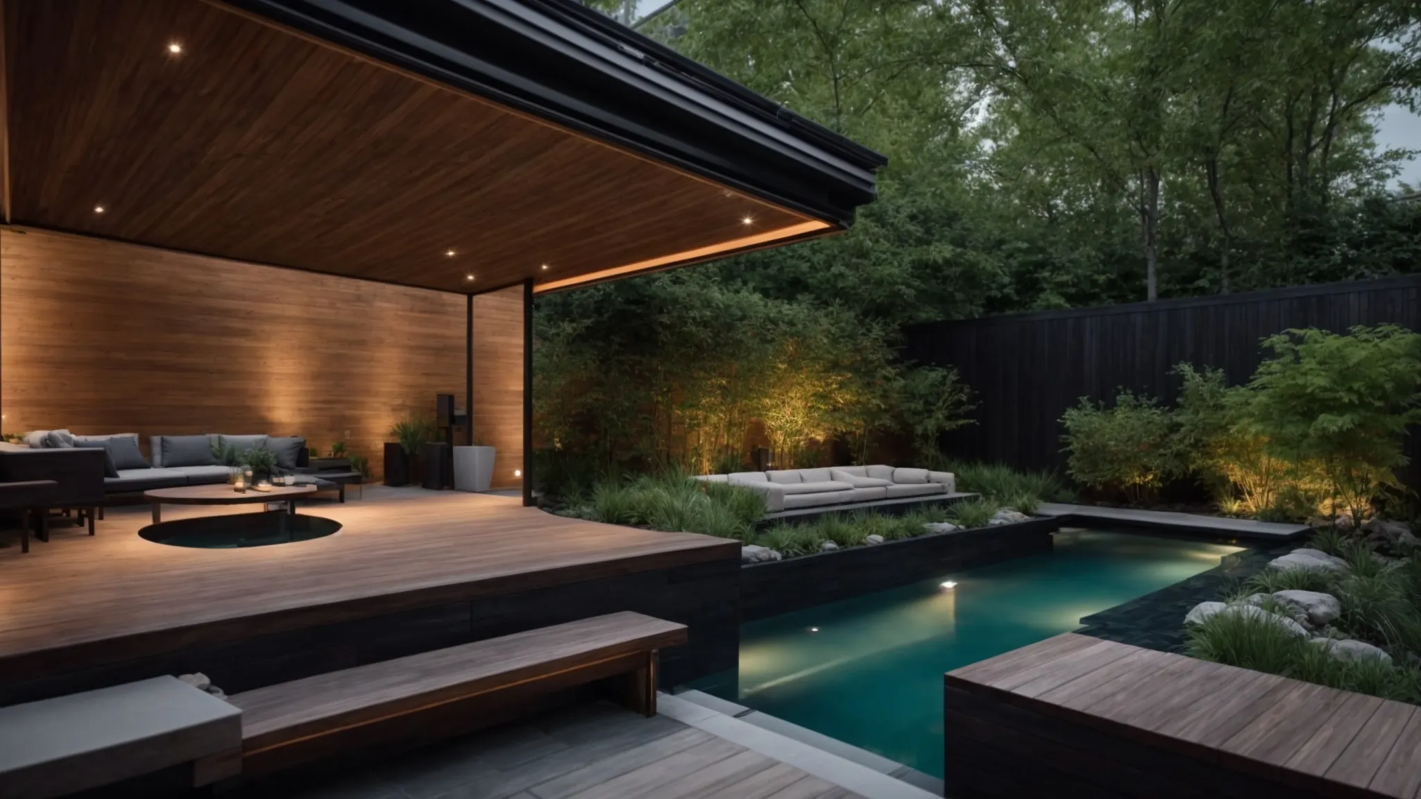 a serene backyard oasis in toronto, featuring a breathtaking custom water feature seamlessly integrated with slate and deck elements.