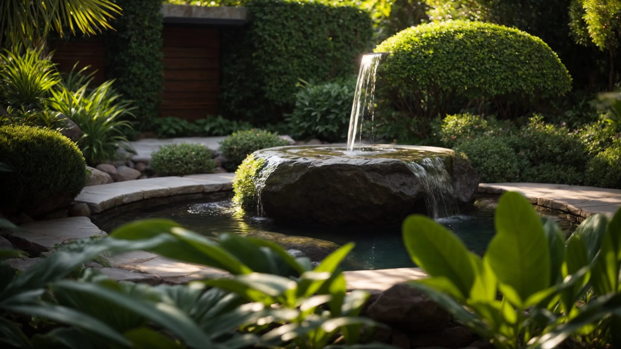 a sparkling custom rock water feature glistens under the sun, surrounded by lush greenery in a meticulously maintained garden.