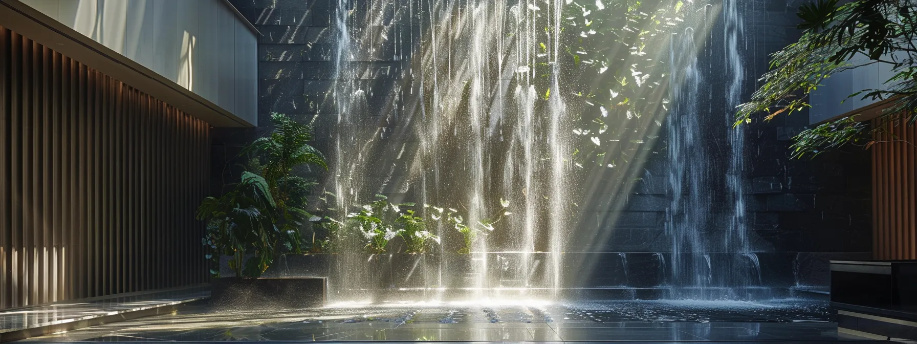 A CASCADING WATERFALL FEATURE EMBEDDED IN A SLEEK, MODERN INDOOR WALL.