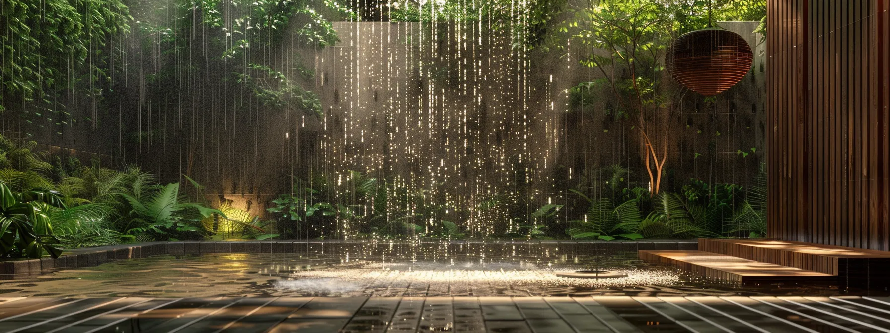 a serene garden oasis with a rain wall flowing peacefully, drowning out urban noise pollution.