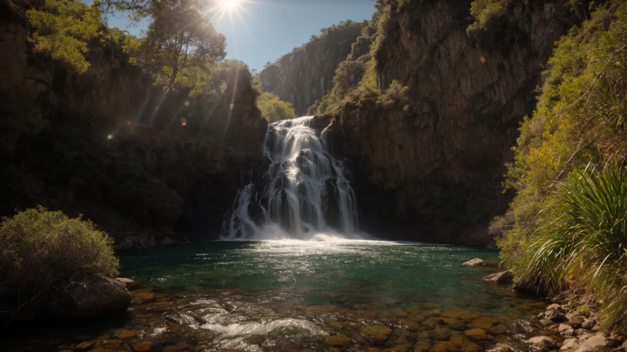 A MESMERIZING CASCADING WATERFALL GLISTENING IN THE LOS ANGELES SUNLIGHT.