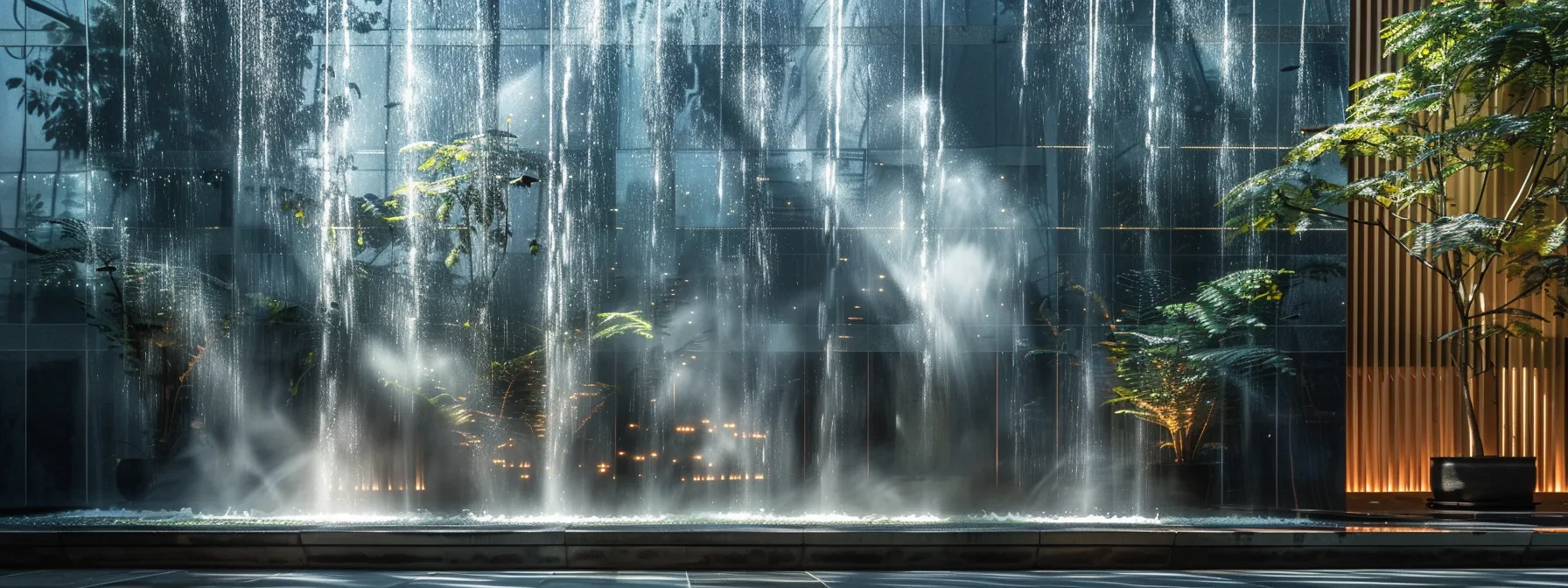 a mesmerizing water curtain wall flows seamlessly, creating a serene atmosphere within a modern architectural space.