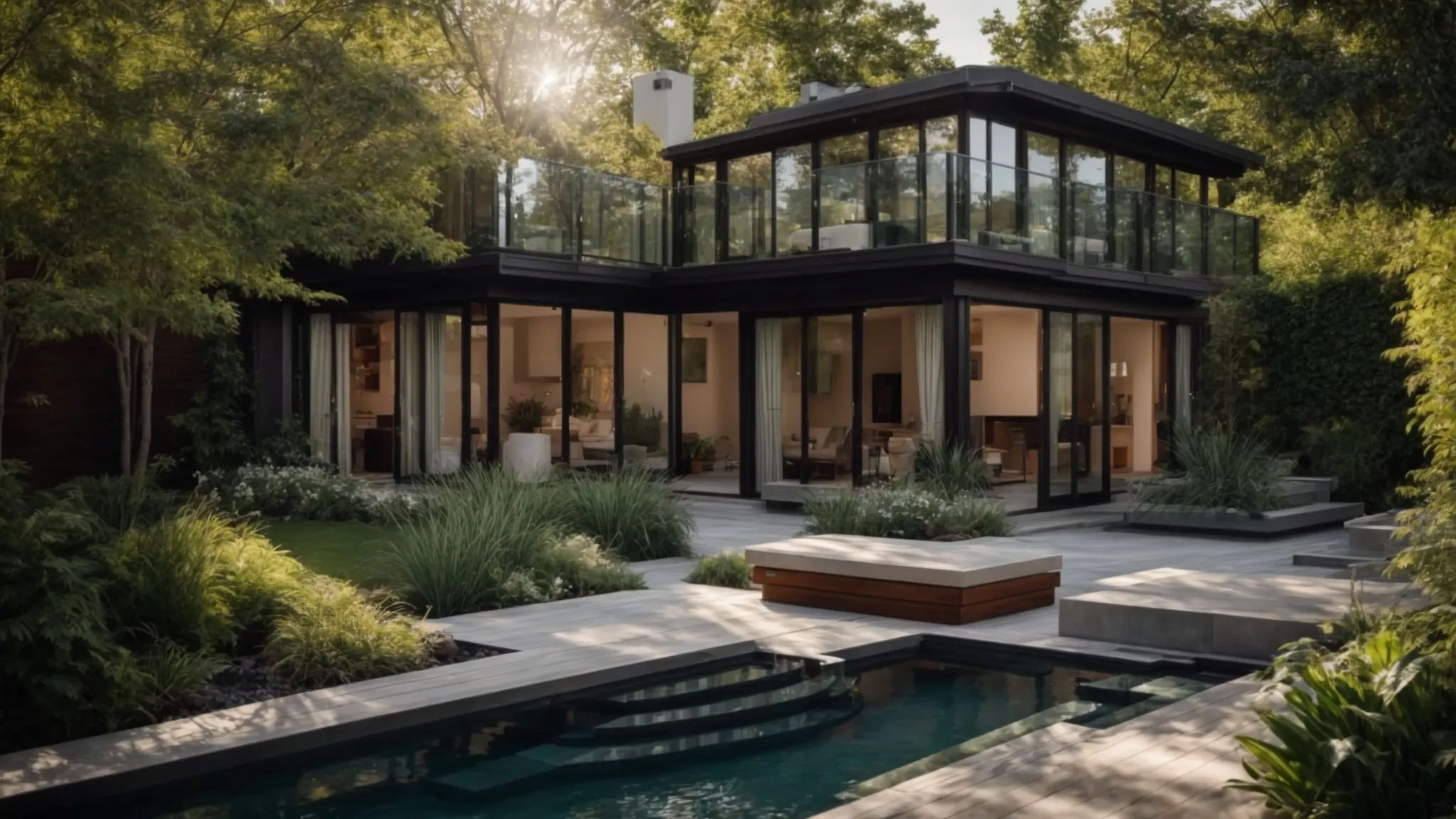 a serene backyard oasis in toronto, with a stunning custom-built water feature surrounded by lush greenery and glistening in the sunlight.