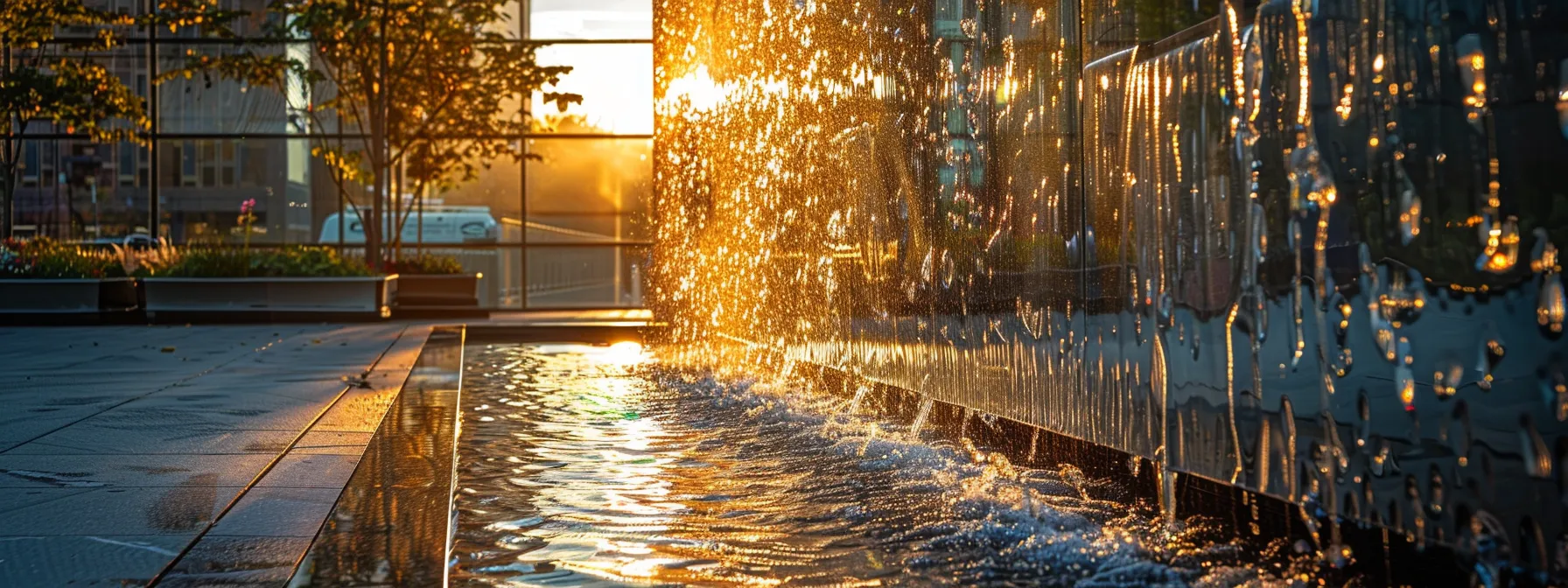 a sleek glass wall waterfall outdoor, reflecting the sunlight and adding a modern touch to the outdoor space.