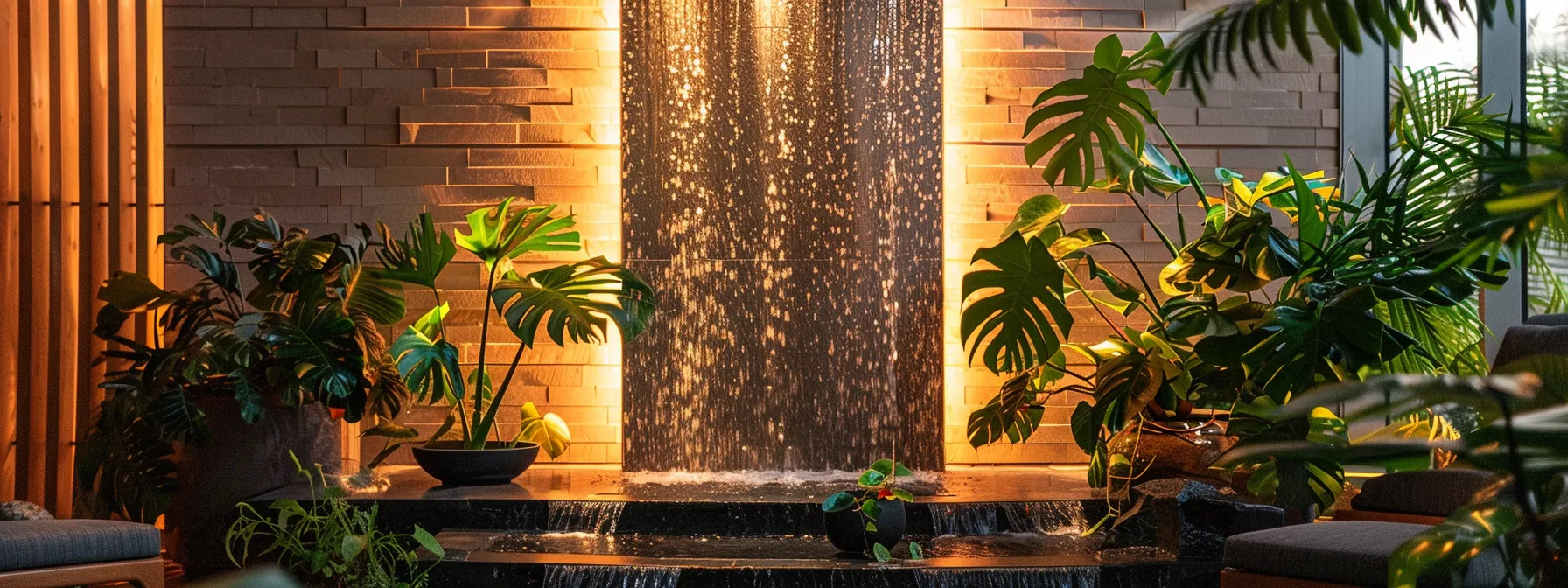 a tranquil living room oasis featuring a sleek indoor water wall fountain surrounded by lush green plants and soft, ambient lighting.