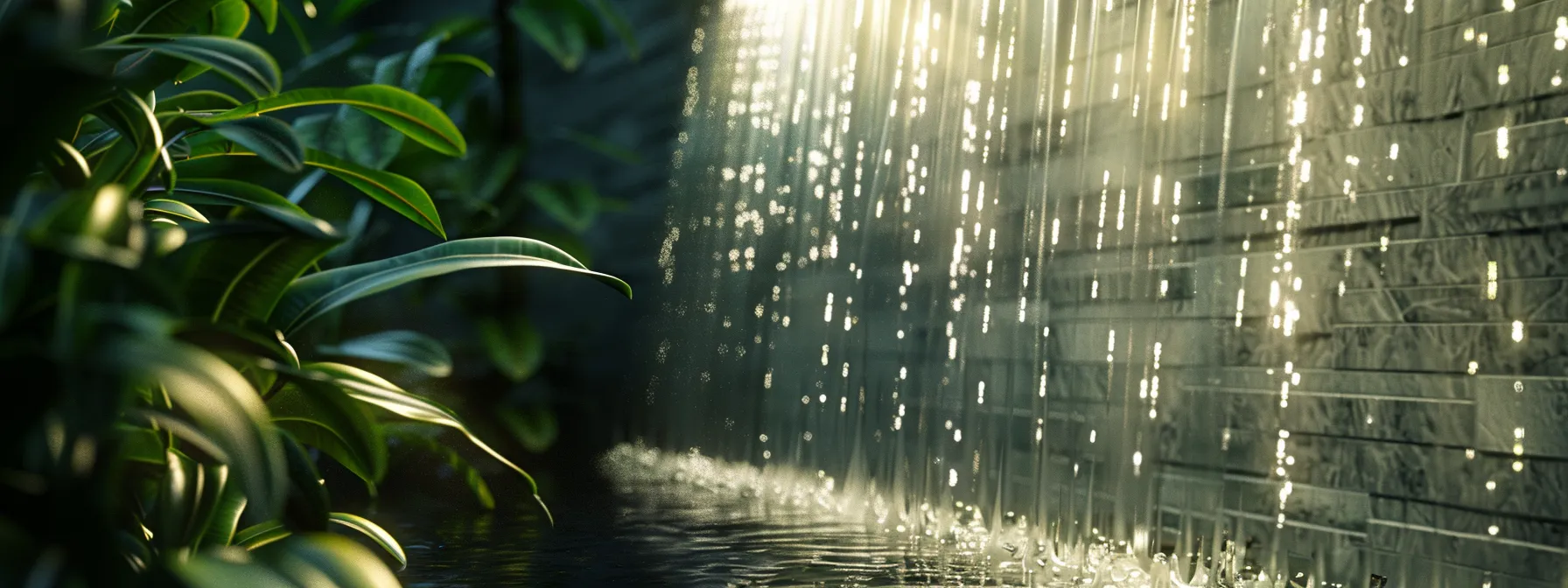 a serene indoor wall water feature, with water gently flowing down, creating a soothing and tranquil ambiance.