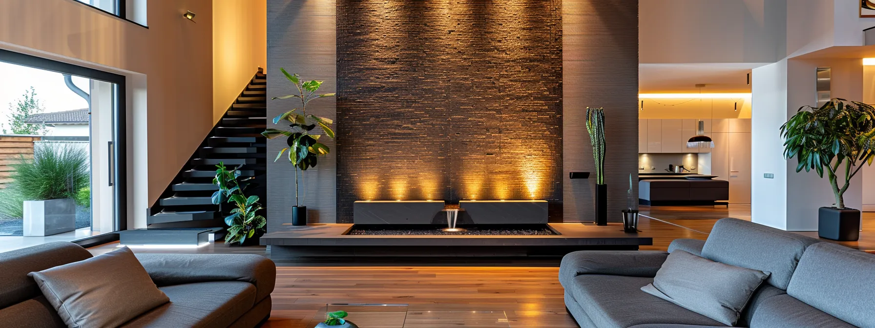 a sleek, modern wall fountain elegantly fits into a spacious, well-lit living room, perfectly balanced and seamlessly integrated into the indoor setting.