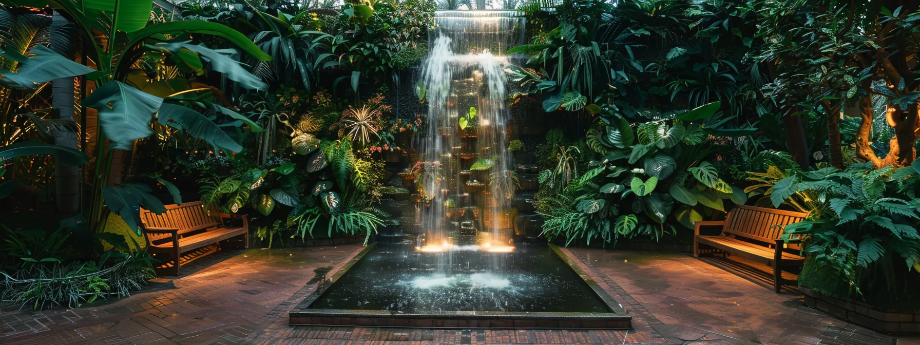 a shimmering water wall surrounded by lush green plants, softly lit by evening lights, with cozy seating areas inviting relaxation and tranquility.