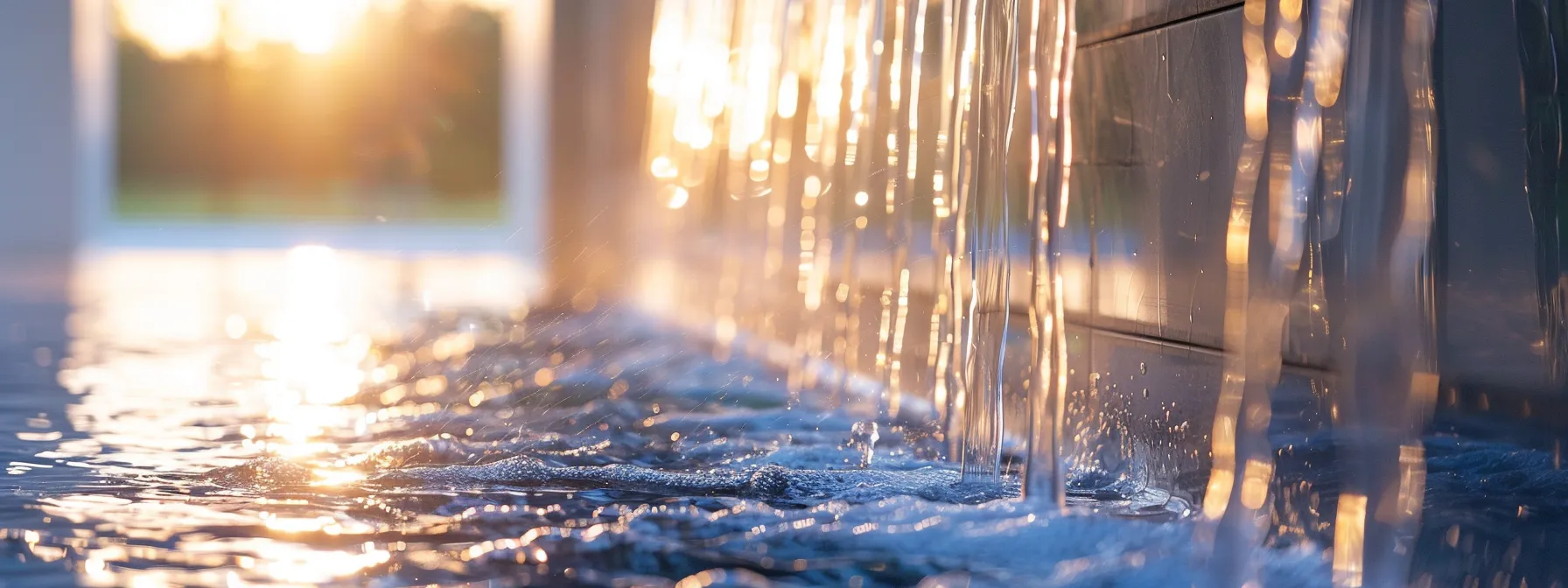 A SHIMMERING CASCADE OF WATER FLOWING DOWN A SLEEK, GLASS WALL.