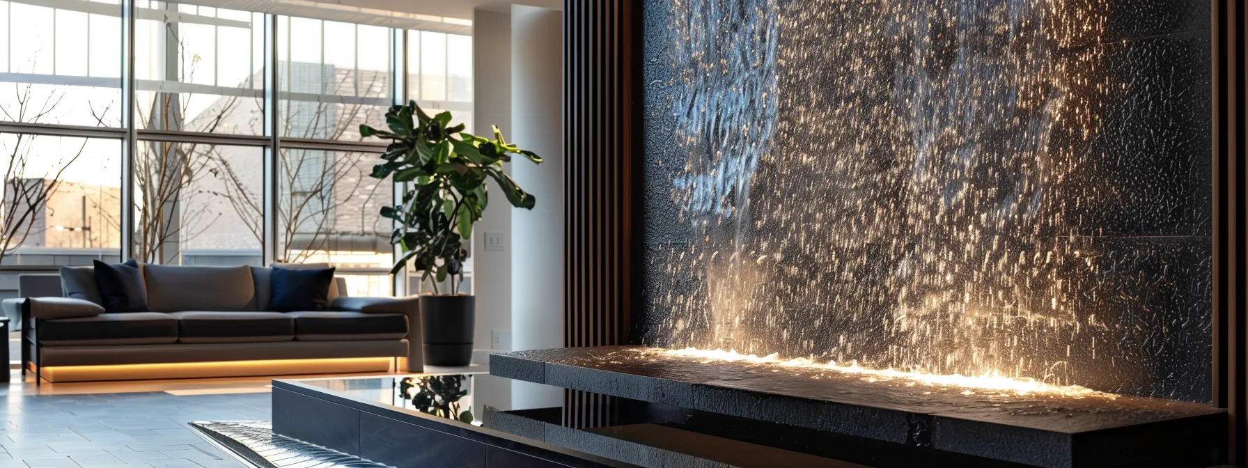 a sleek, modern water fountain wall installed in a high-traffic area of a contemporary living room, next to a stylish sofa and a bright window.