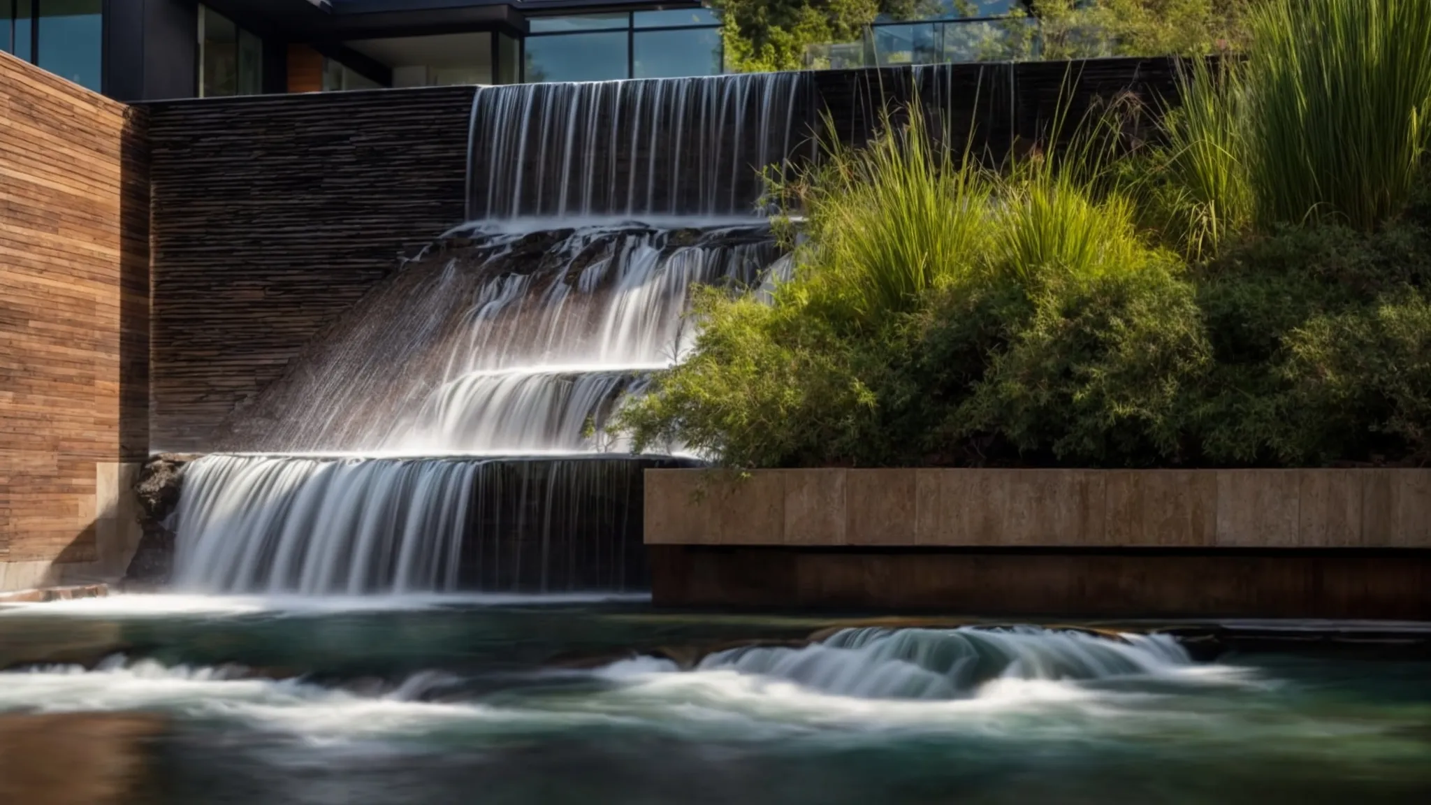 A MAJESTIC CASCADE OF WATER FLOWING DOWN A SLEEK, MODERN EXTERIOR WATER WALL.