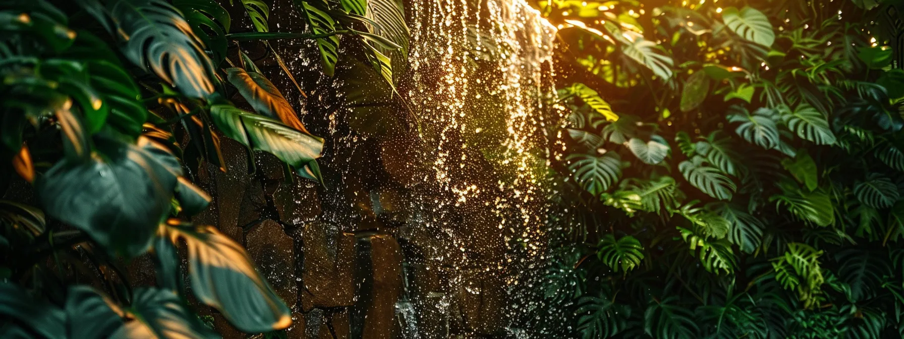 a serene indoor water fountain nestled against a lush green wall, glistening with cascading water under warm, ambient lighting.