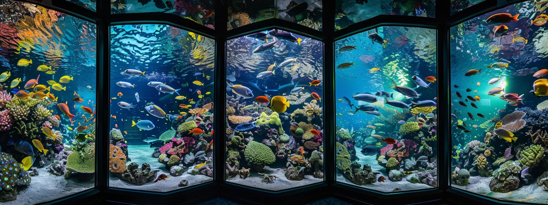 A MESMERIZING OCTAGON AQUARIUM FILLED WITH VIBRANT CORAL AND EXOTIC FISH.