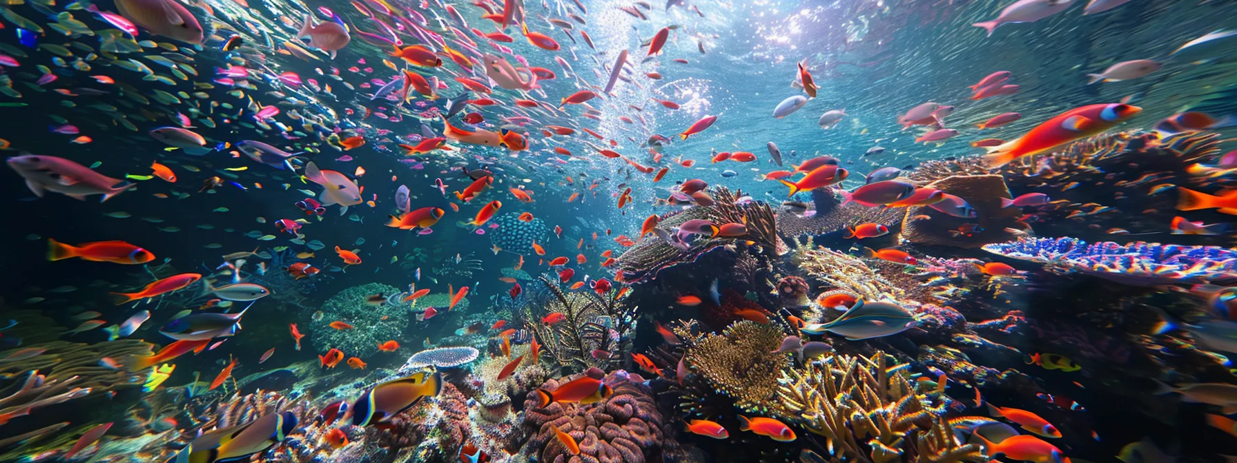 A MESMERIZING UNDERWATER WORLD WITH VIBRANT FISH SWIMMING AMONG COLORFUL CORAL IN A MIDWEST TROPICAL AQUARIUM.