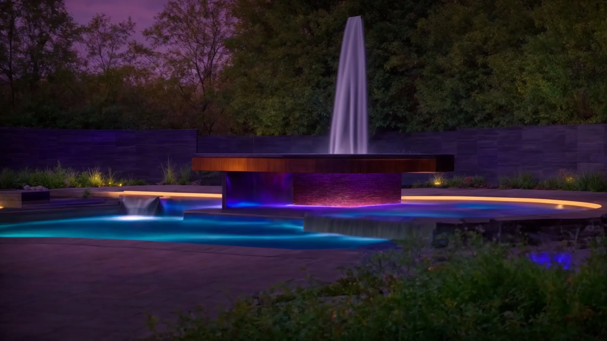 a captivating custom animated water feature in akron, ohio, illuminated by colorful led lights.