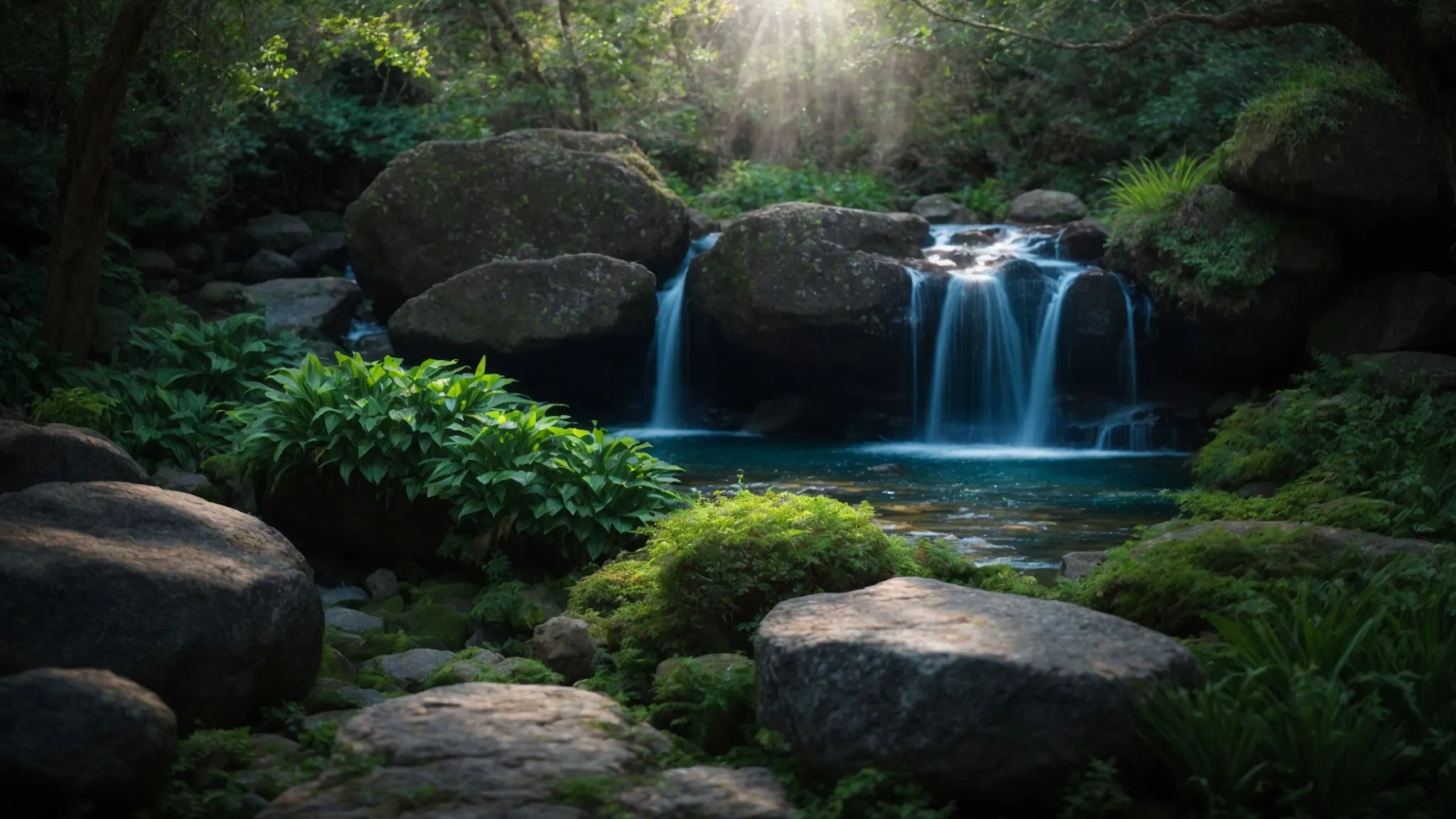 a tranquil garden oasis with a cascading rock waterfall surrounded by lush greenery and vibrant blue thumb stones.