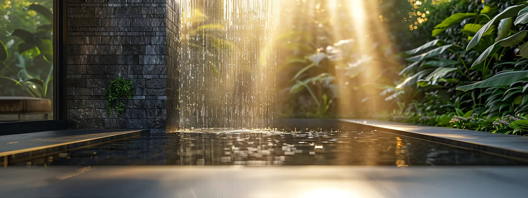 a luxurious limestone water wall cascading with elegance in a tranquil garden setting.