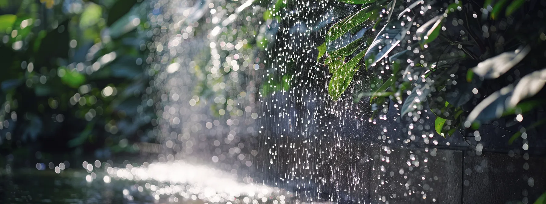 a sparkling water wall glistening in the sunlight, surrounded by lush greenery and reflecting a serene outdoor space.