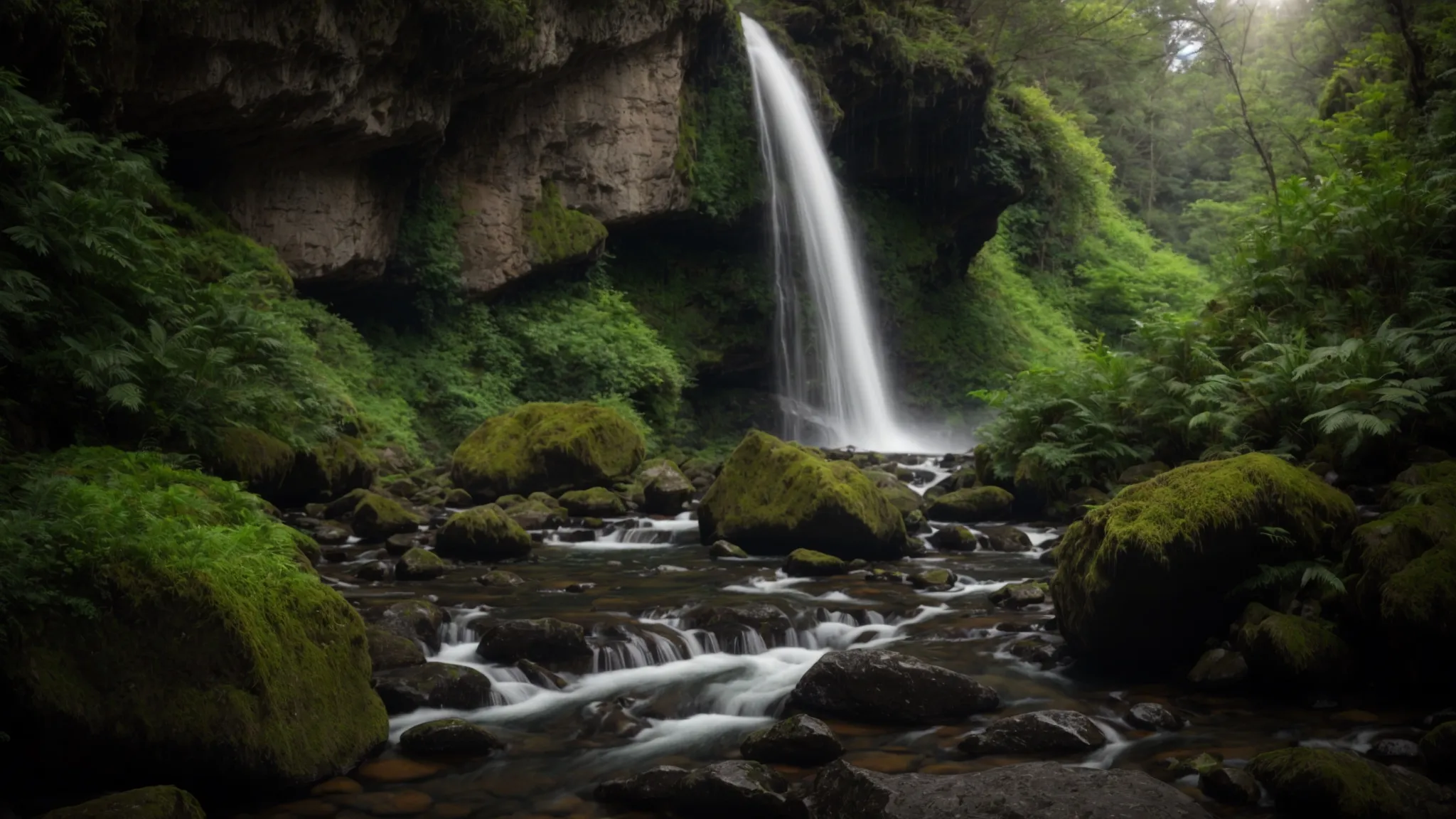 A MAJESTIC WATERFALL CASCADING DOWN A RUGGED ROCK FACE SURROUNDED BY LUSH GREENERY.