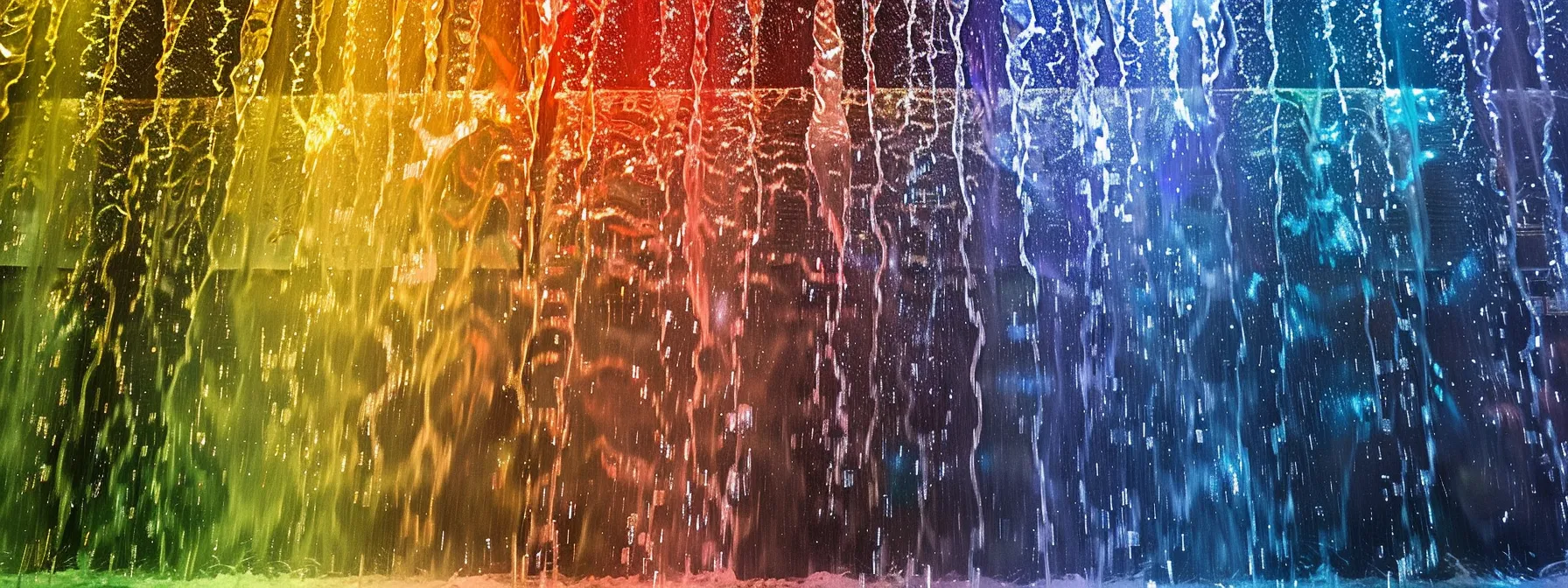 a vibrant rainbow of colors cascading down a shimmering wall water curtain.