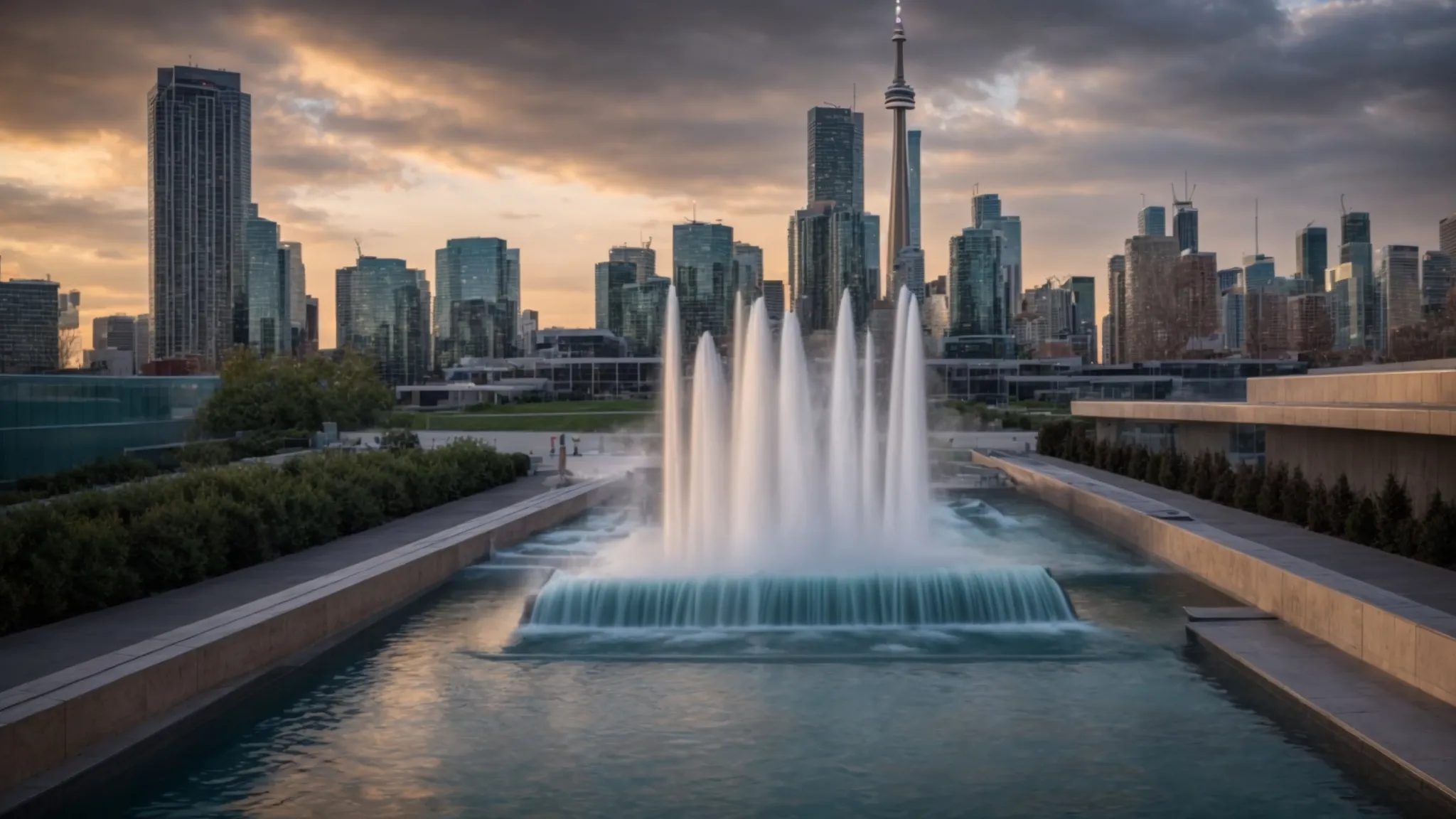 A STUNNING MODERN FOUNTAIN CASCADING WATER AGAINST A BACKDROP OF TORONTO'S SKYLINE.