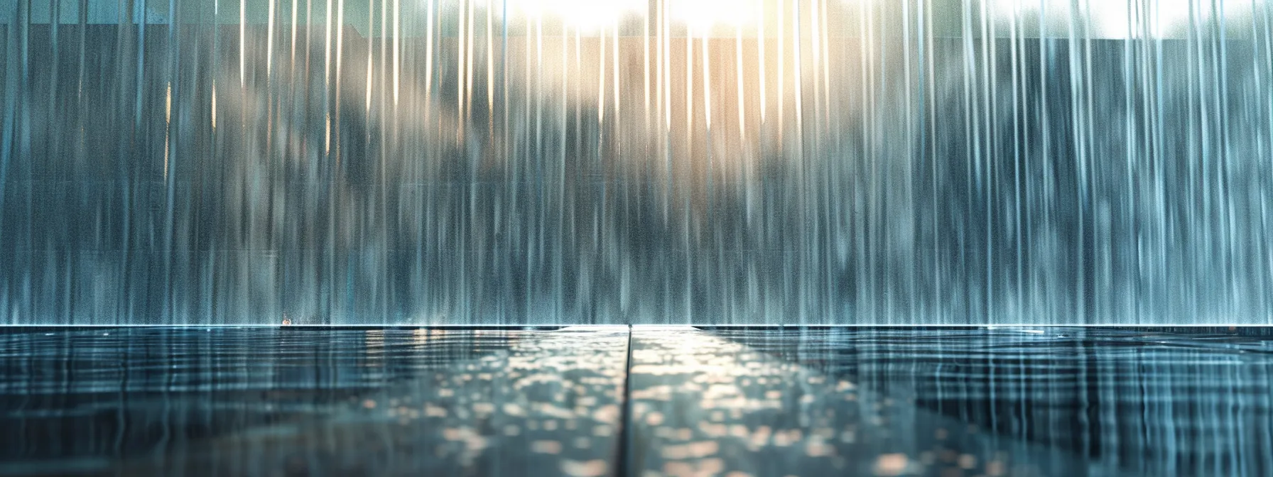 A MESMERIZING WATER CURTAIN CASCADING DOWN A SLEEK, GLASS WALL.