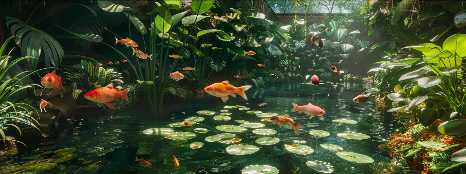 A LUSH, VIBRANT INDOOR OASIS FILLED WITH TROPICAL PLANTS AND COLORFUL FISH SWIMMING IN A MESMERIZING AQUARIUM.