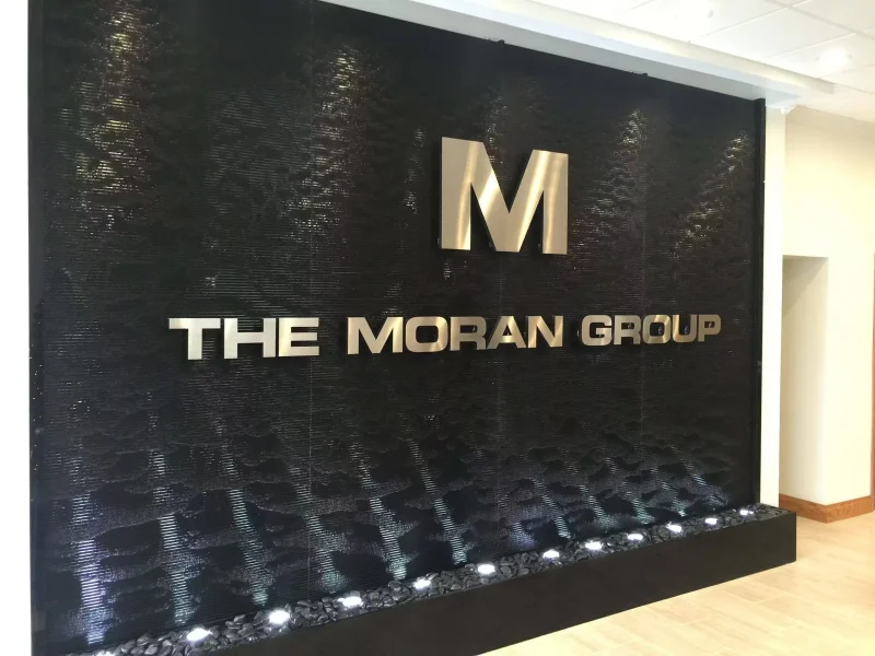 Black Scored Acrylic Water Wall Aquafall with Logo at FE Moran Offices in Northbrook, Illinois 2