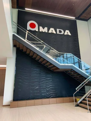 Black Scored Acrylic Water Wall at Amada Offices in High Point, NC