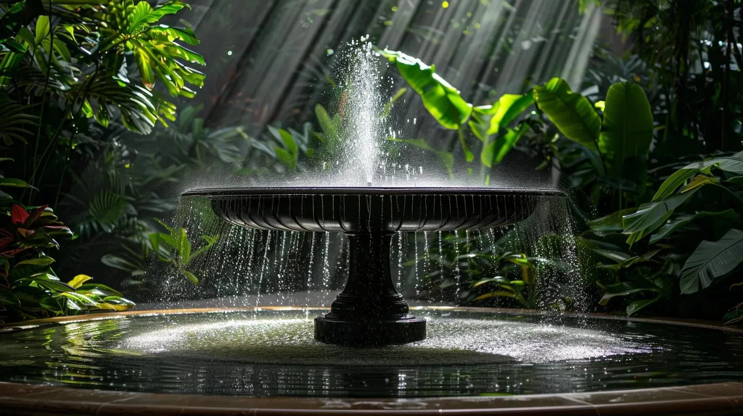 a serene indoor fountain surrounded by lush greenery and soft, ambient lighting creates a tranquil atmosphere, evoking a sense of relaxation and harmony.