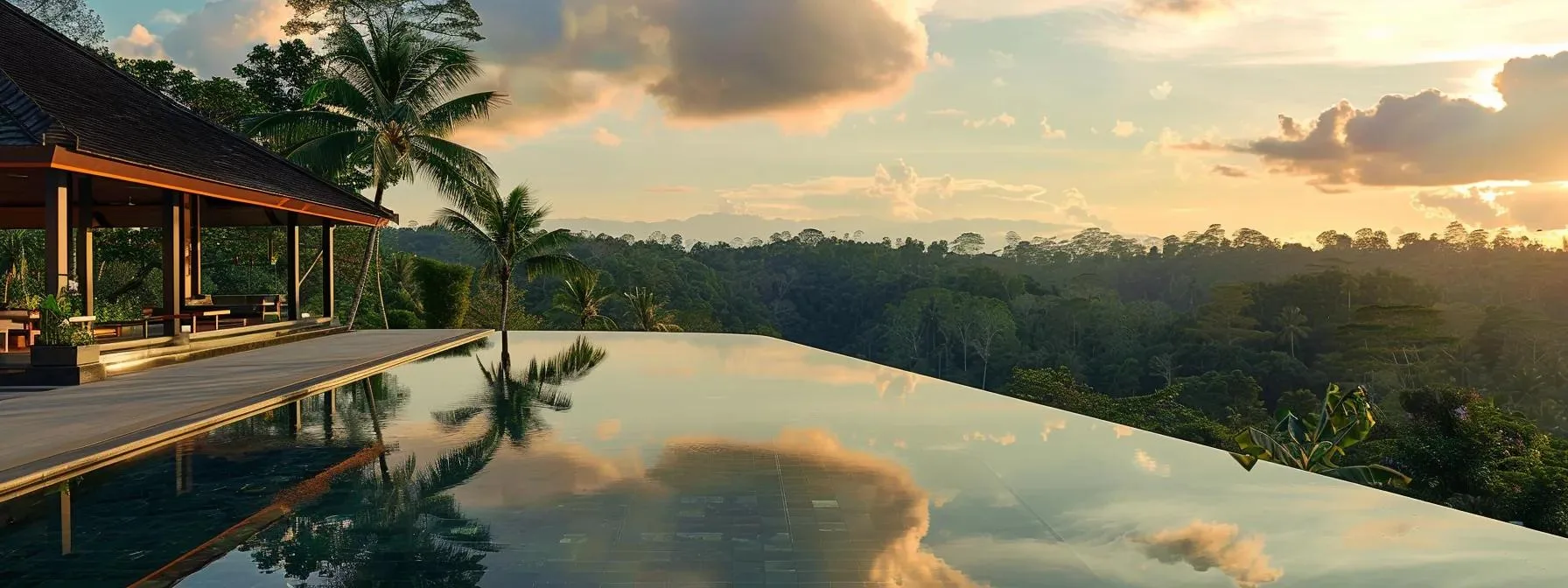 a sleek infinity edge pool reflects the surrounding landscape, creating a seamless illusion of boundless space.