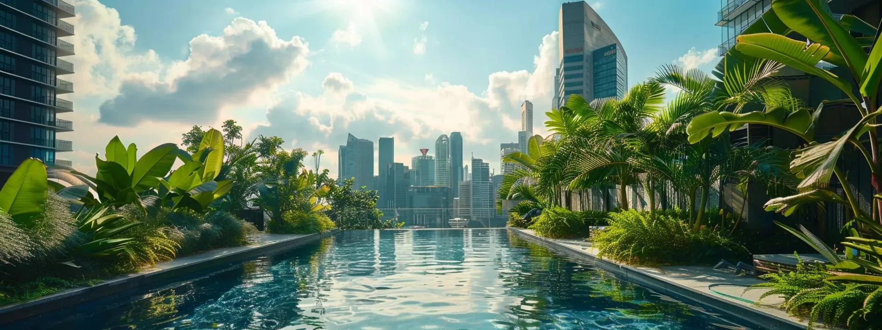 an infinity pool seamlessly incorporated into a narrow rooftop space, surrounded by lush greenery and modern city buildings.