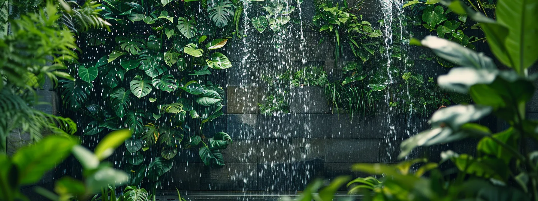 a serene garden featuring a stylish rain wall, adorned with lush greenery and cascading water, showcasing the beauty and functionality of sustainable rainwater harvesting.