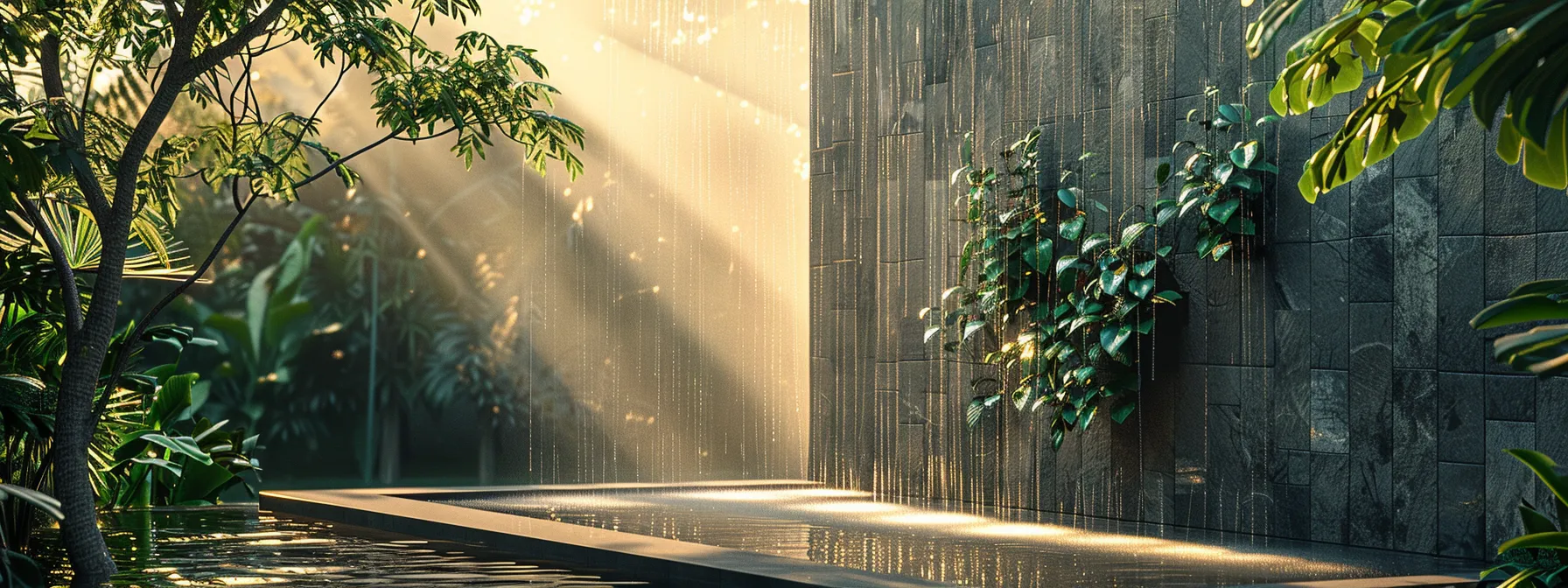 a sleek, modern stone water fountain wall stands elegantly in a tranquil garden setting, reflecting the sunlight and creating a soothing ambiance.