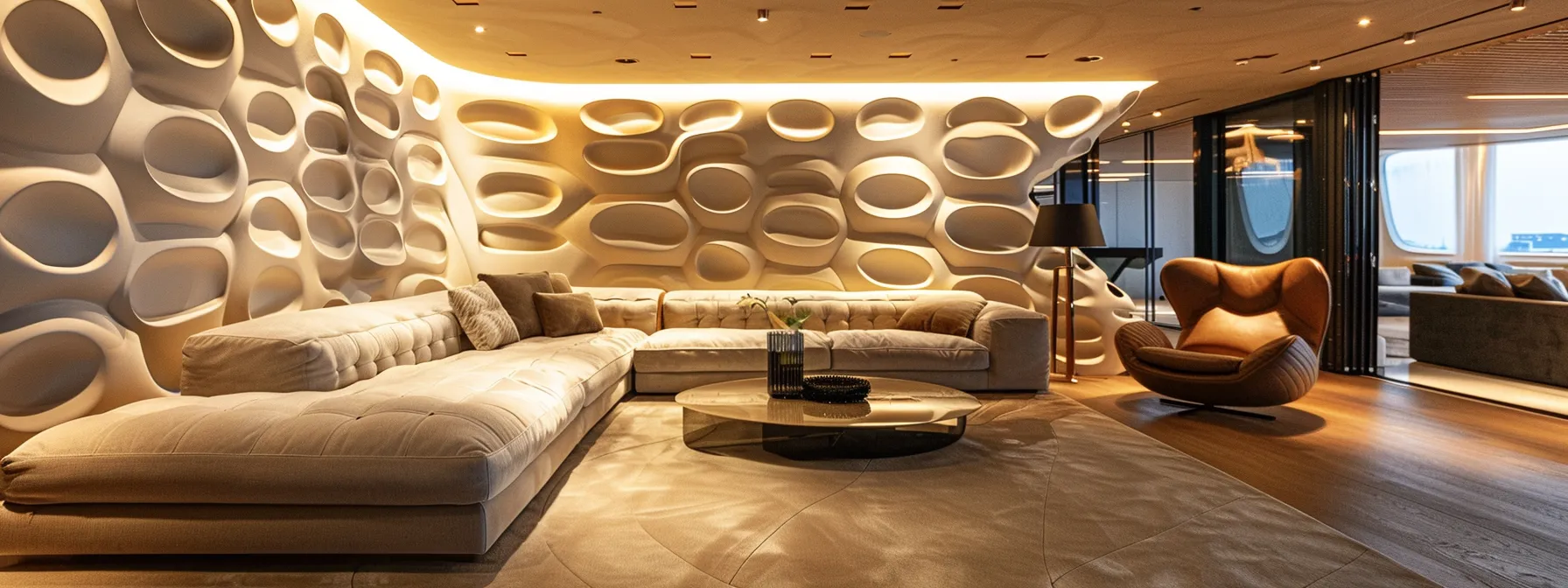 a sleek, modern bubble panel wall fitting perfectly between two elegant couches in a spacious living room.