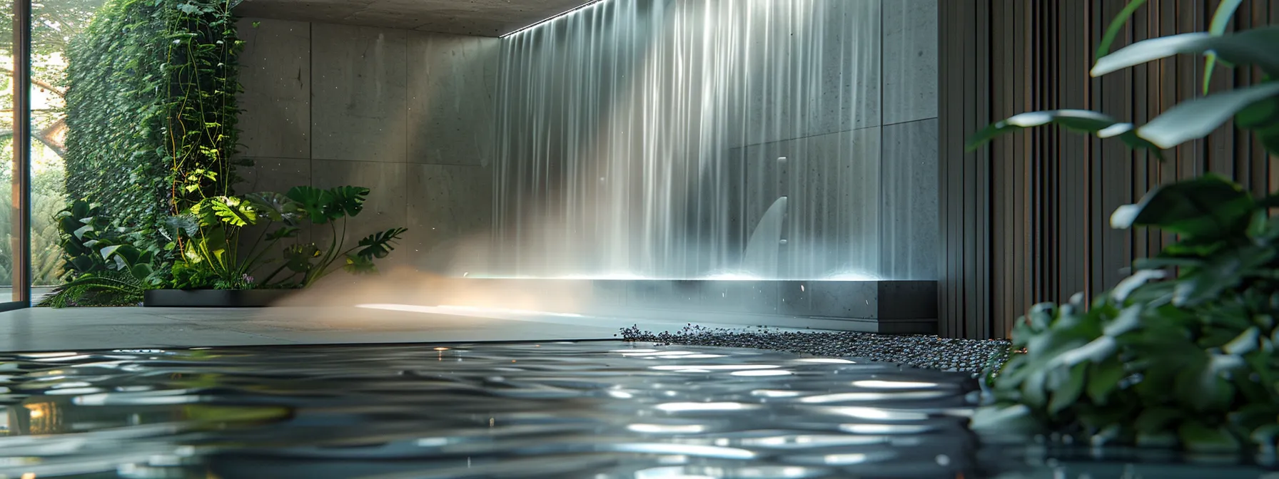 a serene indoor oasis with a sleek water fountain wall cascading gently, enhancing air quality and creating a tranquil atmosphere.