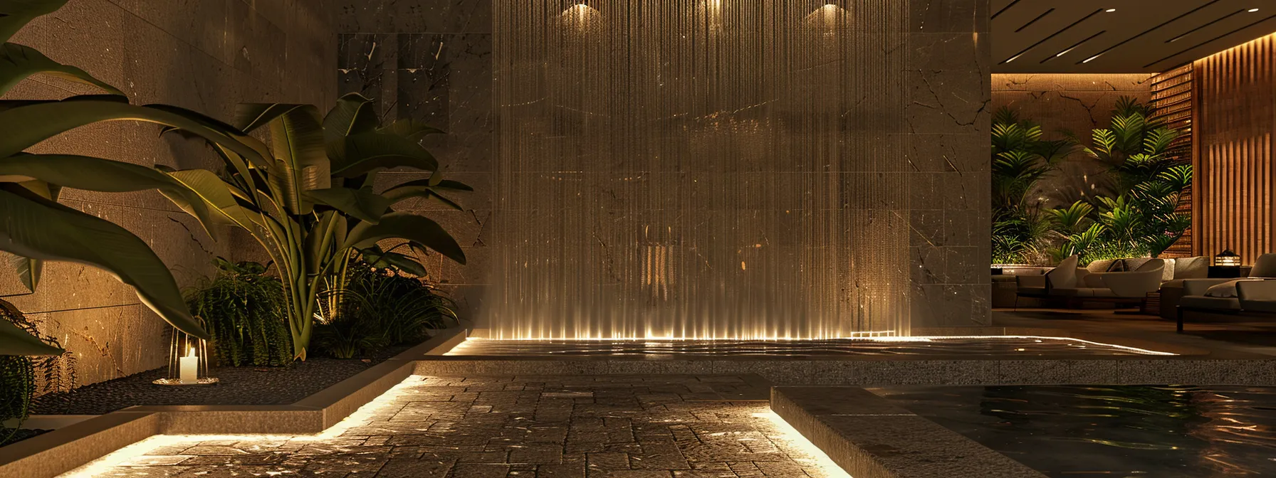 a water fountain wall adorned with ambient lighting, lush plants, and aromatic oils creating a tranquil oasis within a modern interior space.