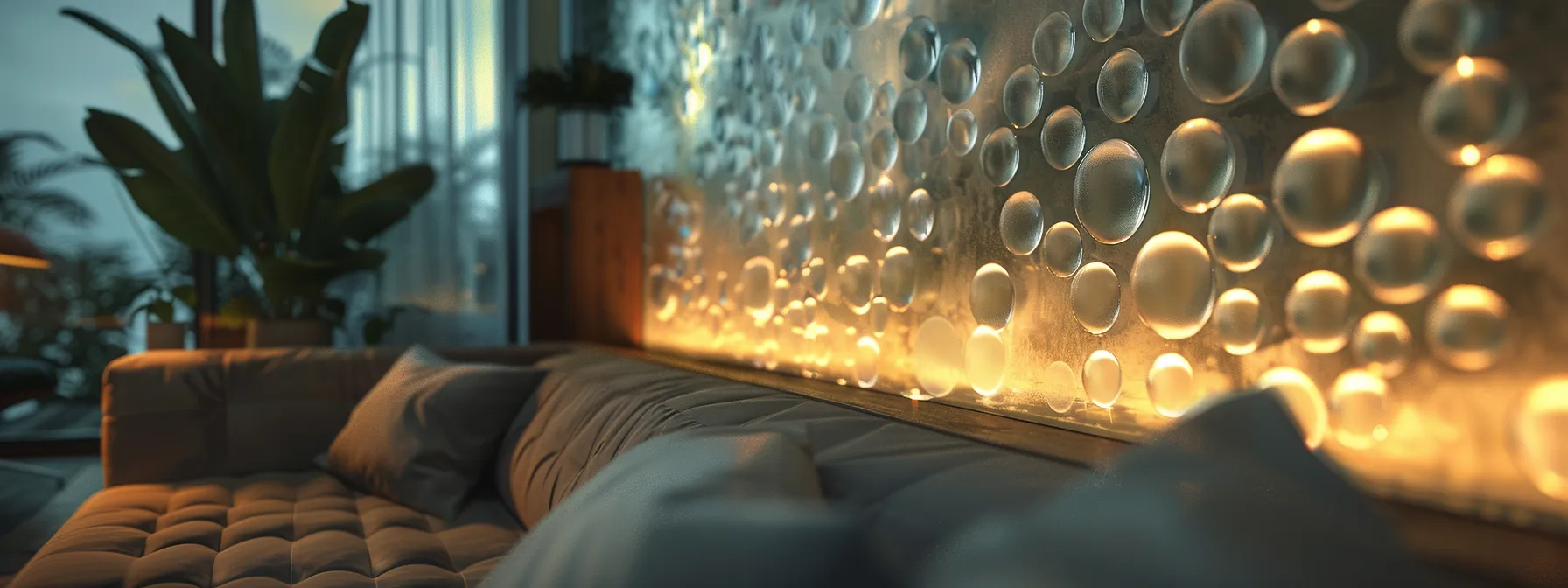 a modern, sleek acrylic bubble panel wall reflecting a soft ambient light in a contemporary living room.