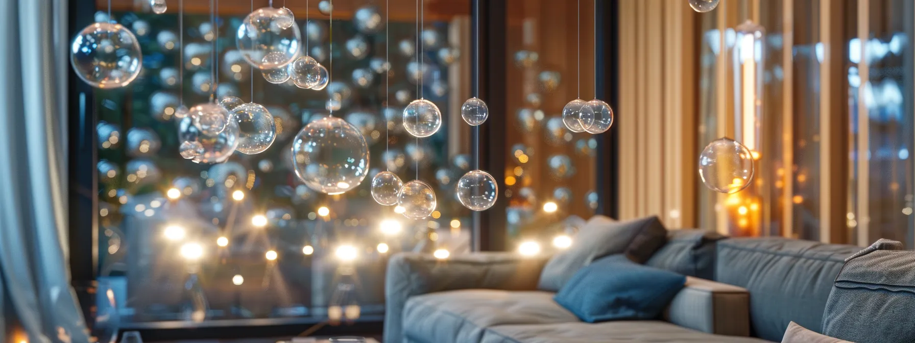 A MODERN LIVING ROOM ADORNED WITH A SHIMMERING CUSTOM BUBBLE WALL, CREATING A SERENE AND CAPTIVATING FOCAL POINT.