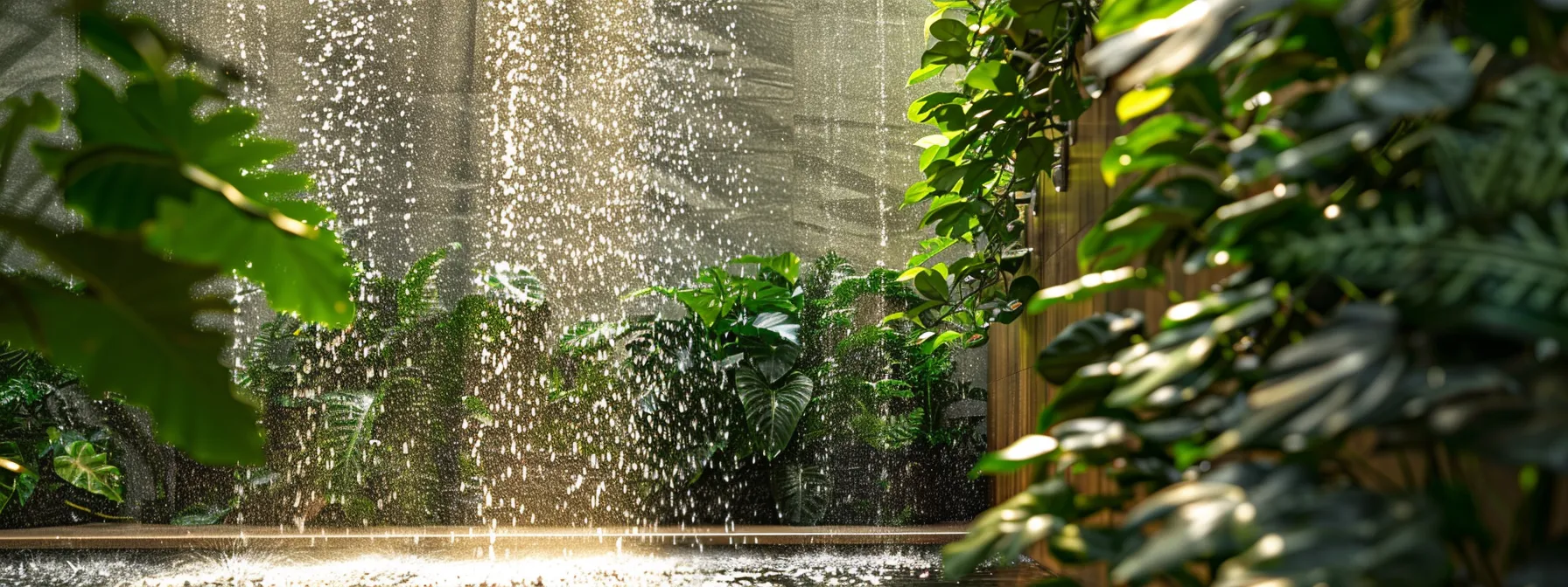 a tranquil indoor water wall fountain glistening under soft lighting, surrounded by peaceful green plants, showcasing serene ambiance and meticulous care.