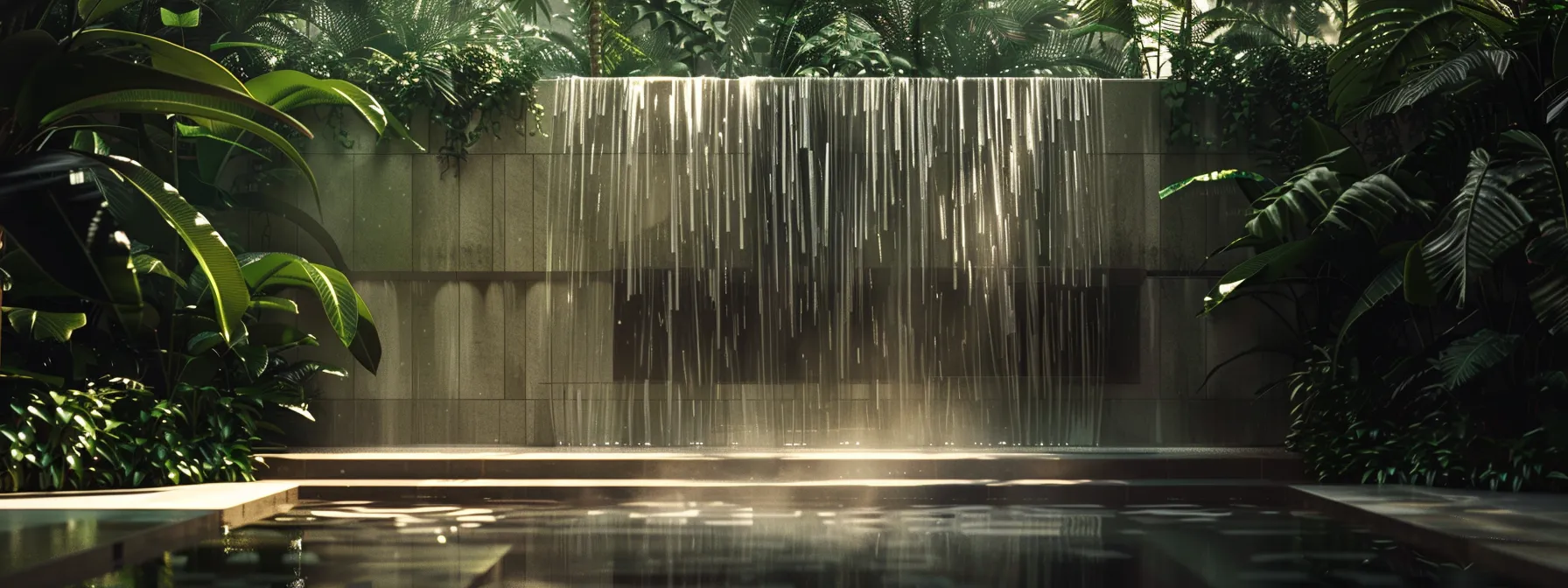 a serene garden oasis with a sleek, modern water wall cascading water seamlessly into a pool below.