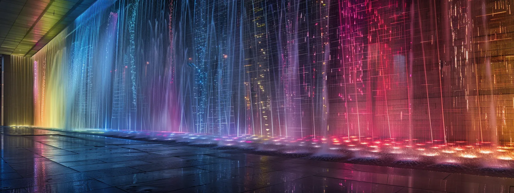 a futuristic water curtain wall shimmering with colorful lights and multimedia projections, showcasing the integration of innovative materials and technologies in architectural design.