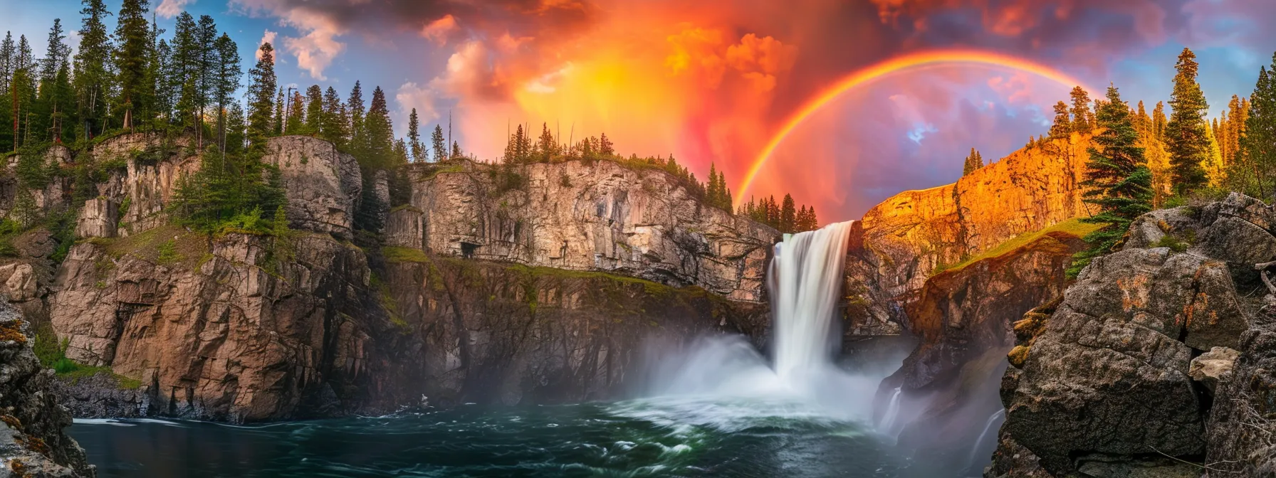 a vibrant rainbow stretching across a cascading waterfall against a dramatic stormy sky.