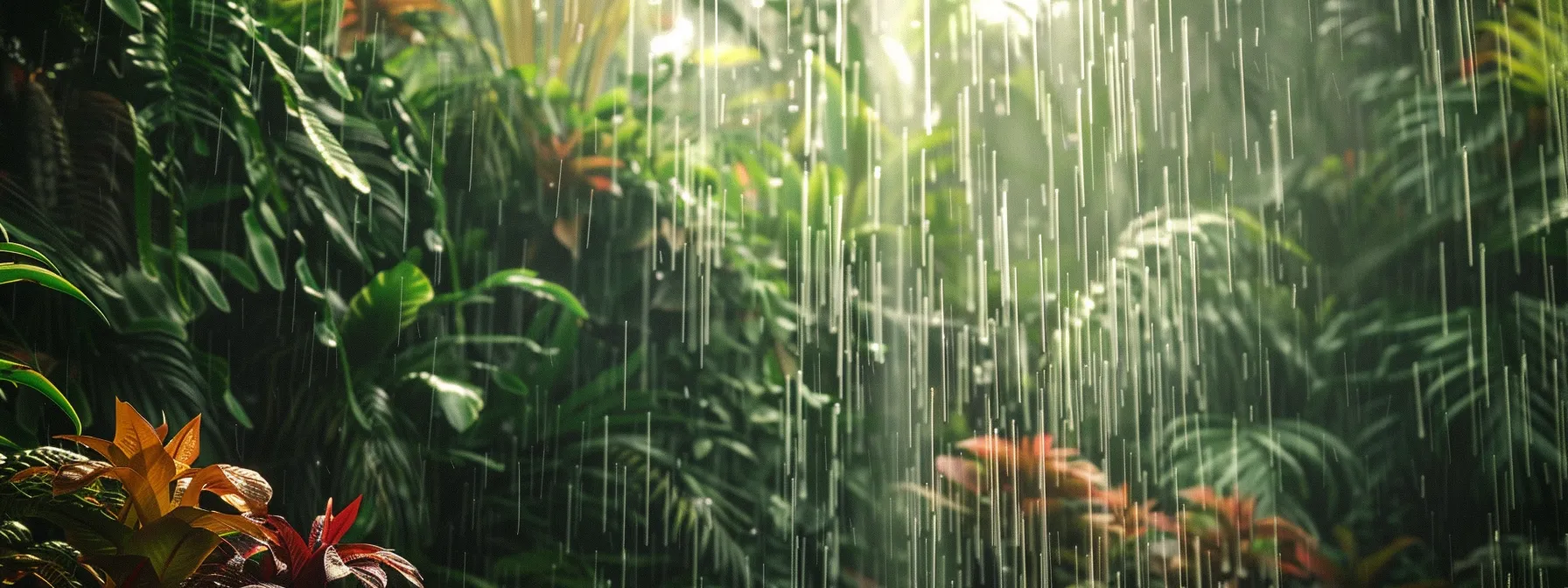 a mesmerizing rain wall in a lush garden, with water gently cascading down, attracting vibrant birds and beneficial insects.