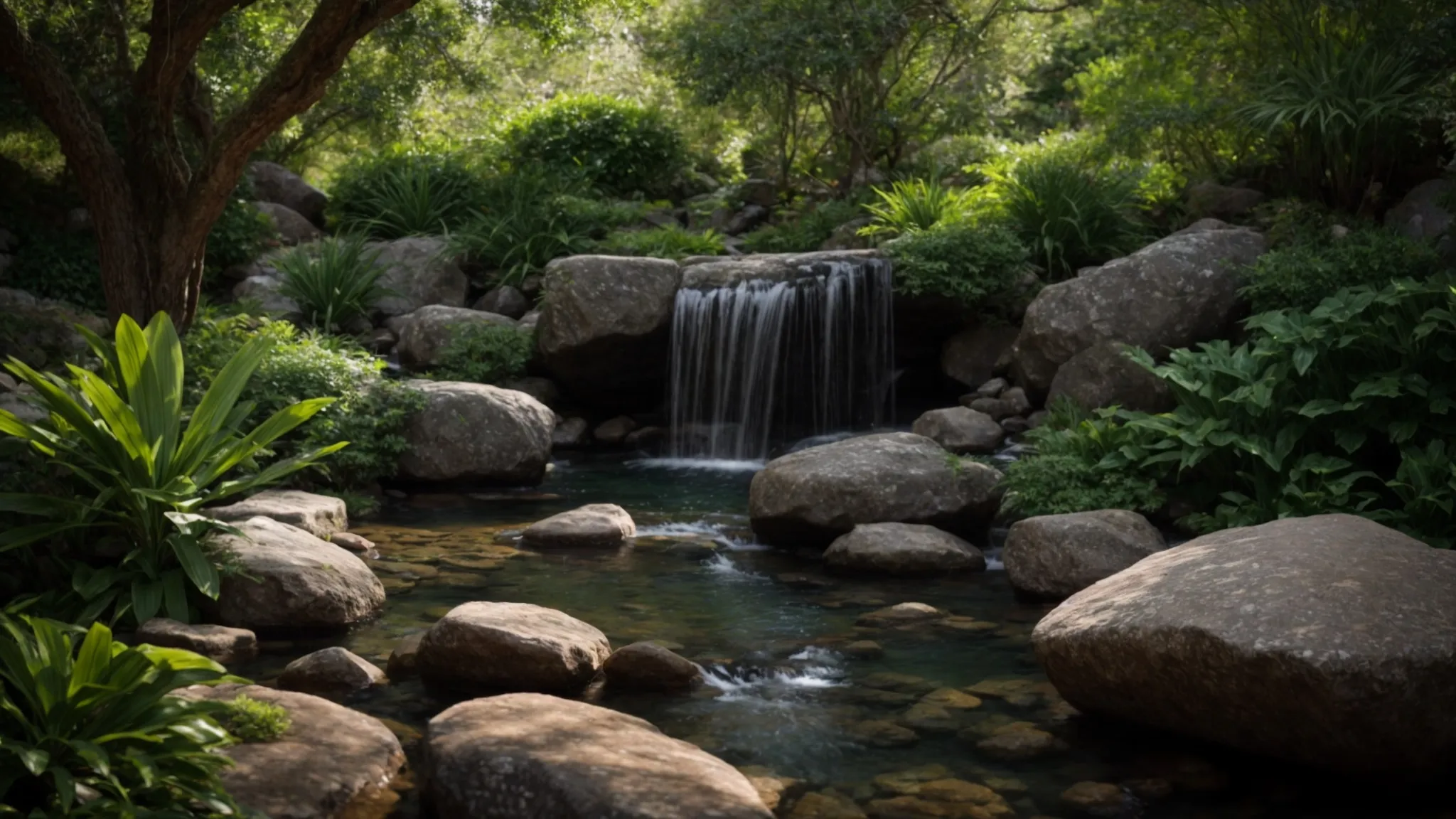 a serene garden oasis featuring a natural stone rock water feature surrounded by lush greenery and a gently flowing stream.